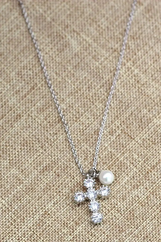Mini Cross Pearl Cubic Zirconia Crystal Necklace