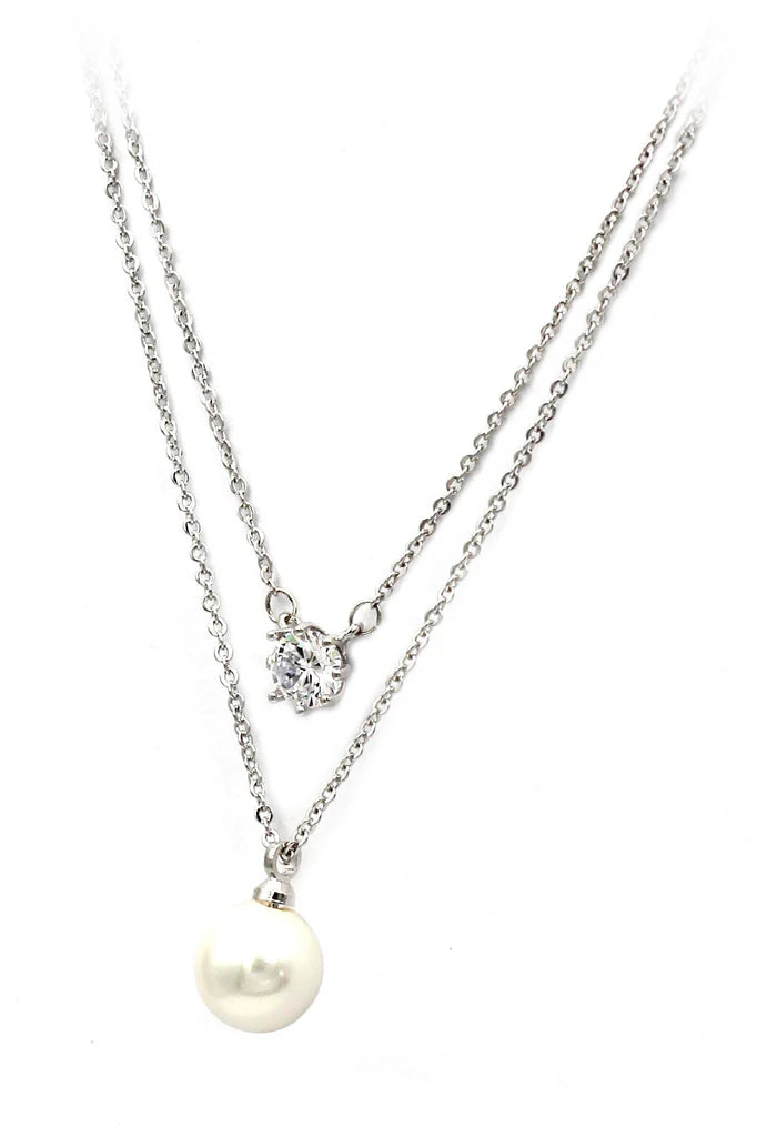 Double Chain Pearl Cubic Zirconia Crystal Necklace