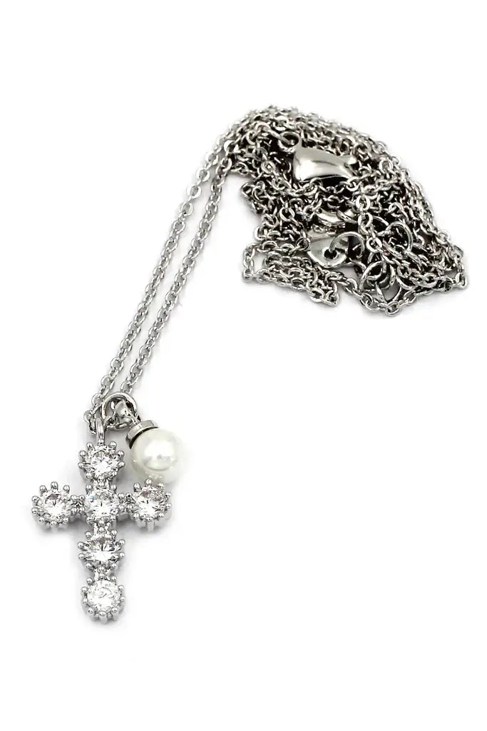 Mini Cross Pearl Cubic Zirconia Crystal Necklace
