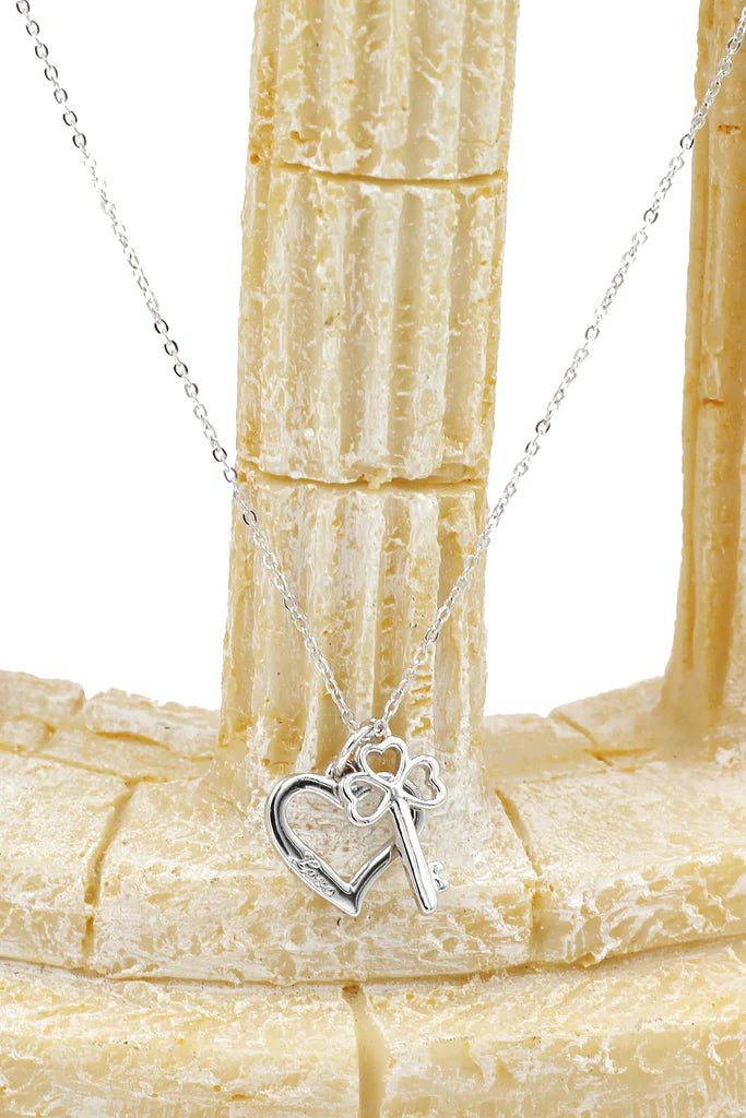 Heart and Key Cubic Zirconia Crystal Necklace