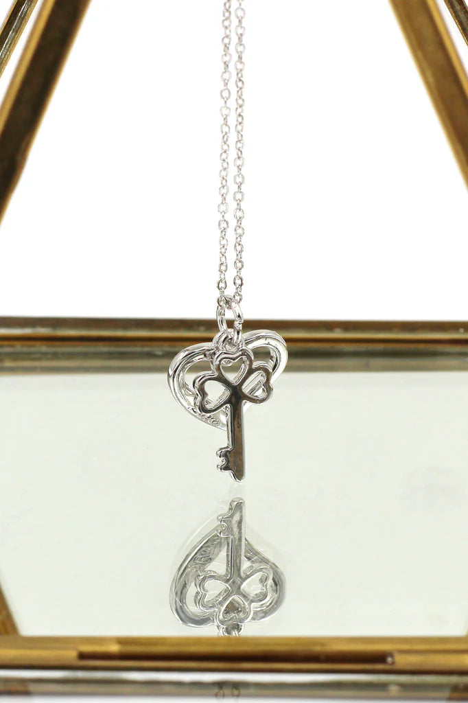 Heart and Key Cubic Zirconia Crystal Necklace