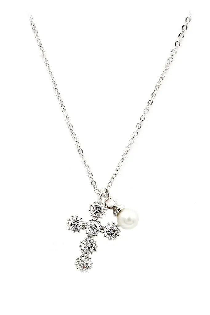 Mini Cross Pearl Cubic Zirconia Crystal Necklace