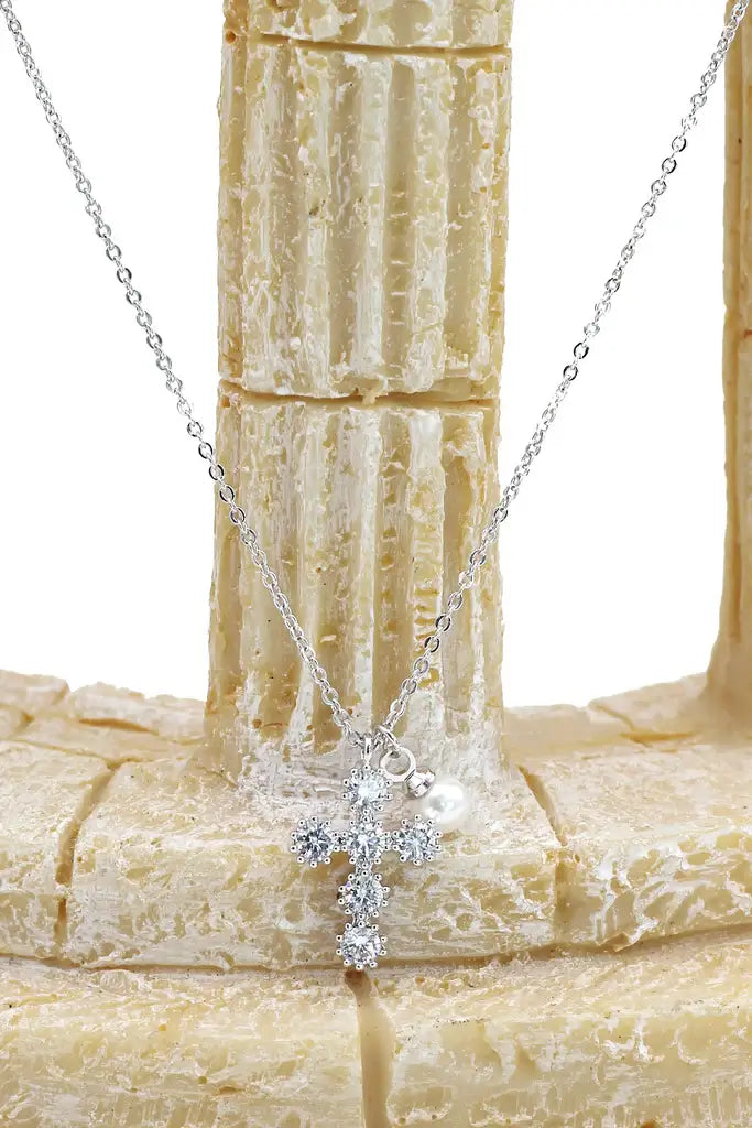 Mini Cross Pearl Cubic Zirconia Crystal Necklace