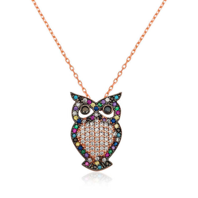 925 Sterling Silver Rose Gold Owl Necklace