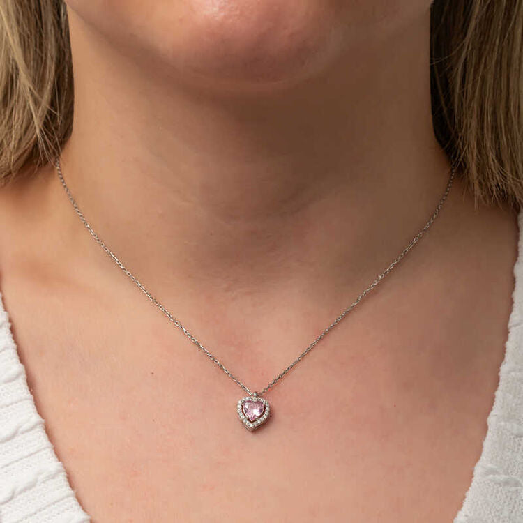 925 Sterling Silver Heart Pink Stone Necklace