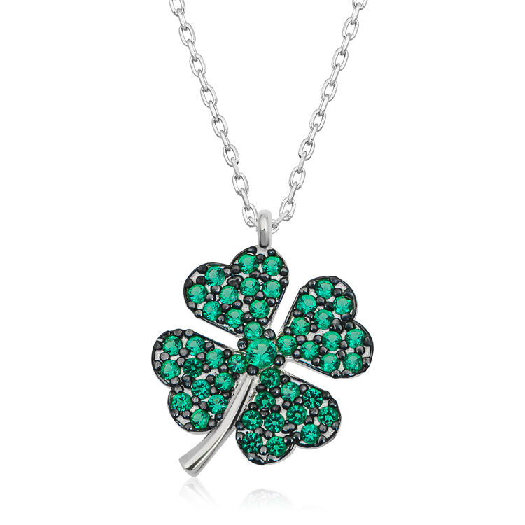 925 Sterling Silver Small Green Four Leaf Clover Necklace