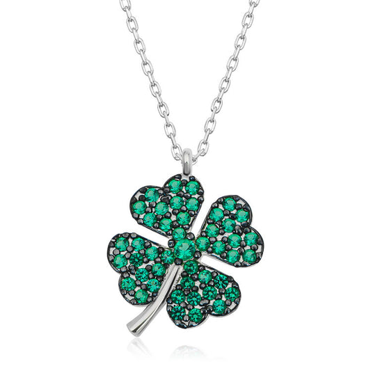 925 Sterling Silver Small Green Four Leaf Clover Necklace