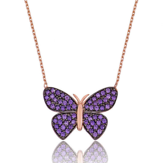 925 Sterling Silver Rose Gold Purple Butterfly Necklace