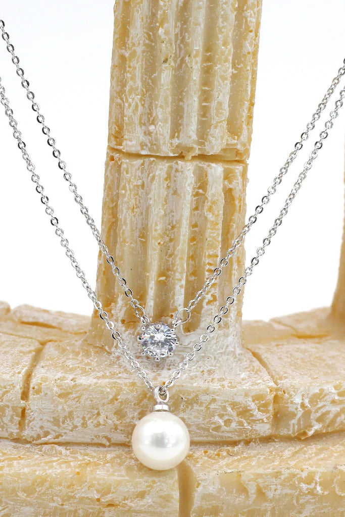 Double Chain Pearl Cubic Zirconia Crystal Necklace