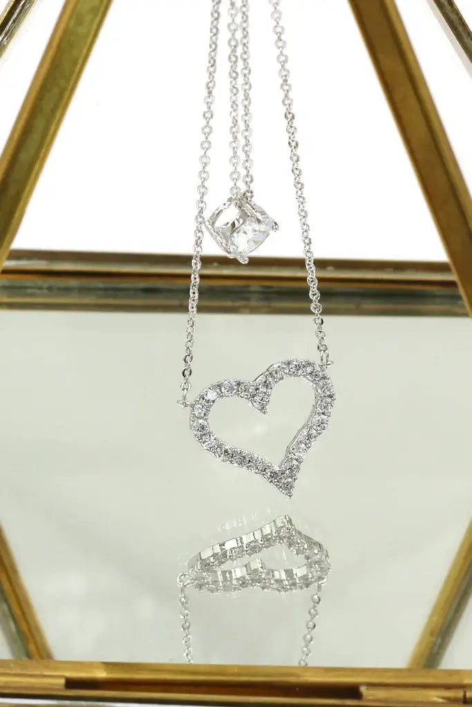 Double Chain Heart Cubic Zirconia Crystal Necklace