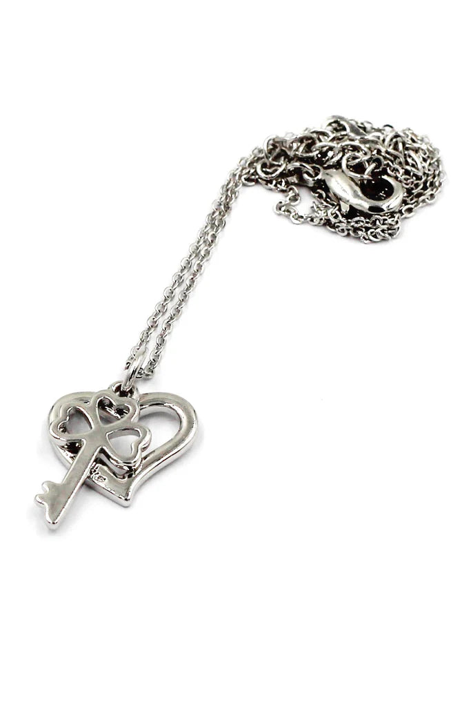 Heart and Key Cubic Zirconia Crystal Necklace