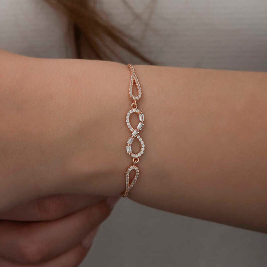 925 Sterling Silver Rose Baguette Stone Infinity Bracelet