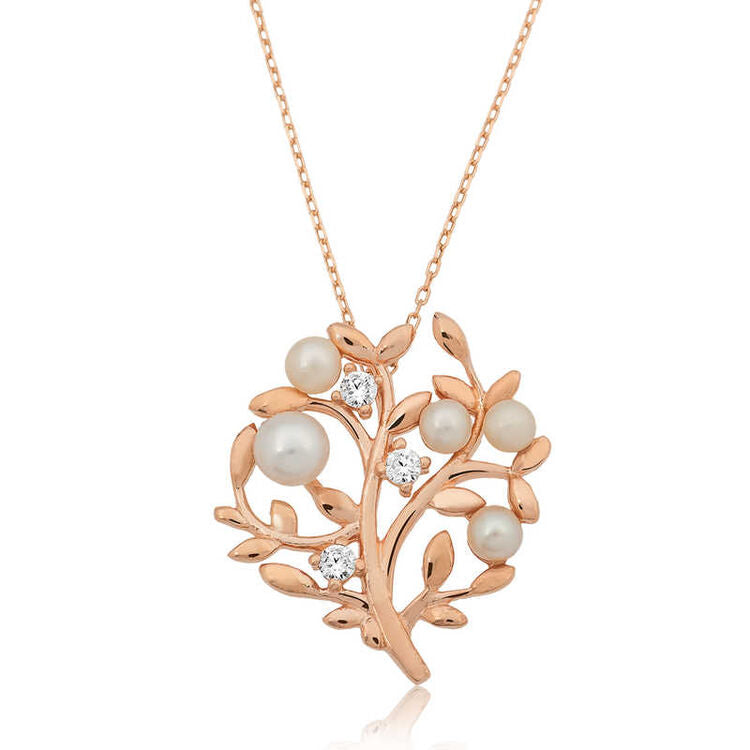 925 Sterling Silver Rose Gold Tree of Life Pearl Necklace