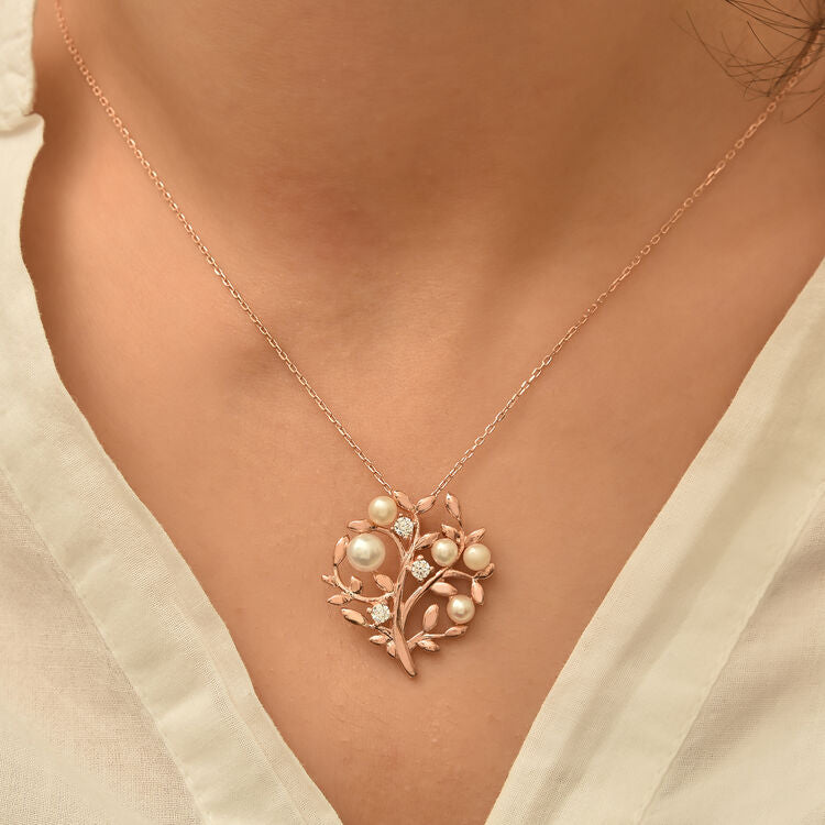 925 Sterling Silver Rose Gold Tree of Life Pearl Necklace