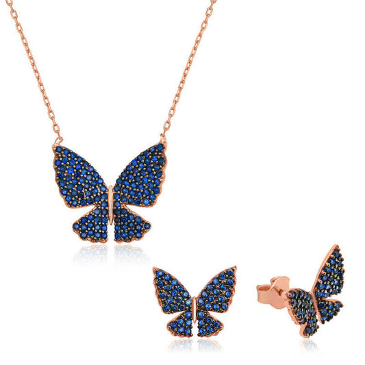 925 Sterling Silver Rose Gold Swarovski Crystal Blue Butterfly Necklace Earrings Set