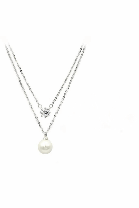 Double Chain Pearl Cubic Zirconia Crystal Necklace